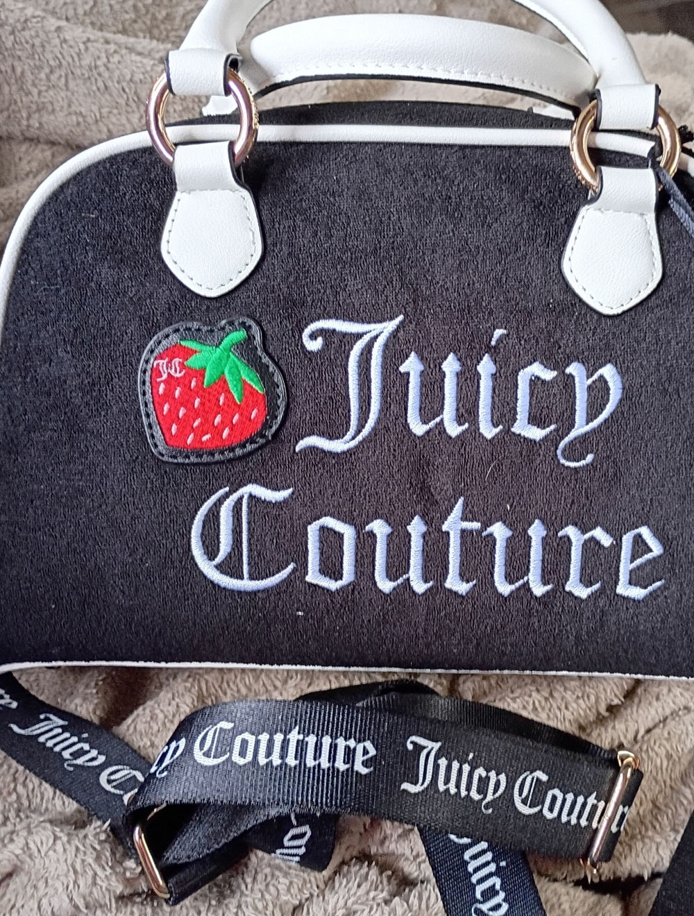 Juicy Couture Black and White Velvet Satchel with Strawberry Patch